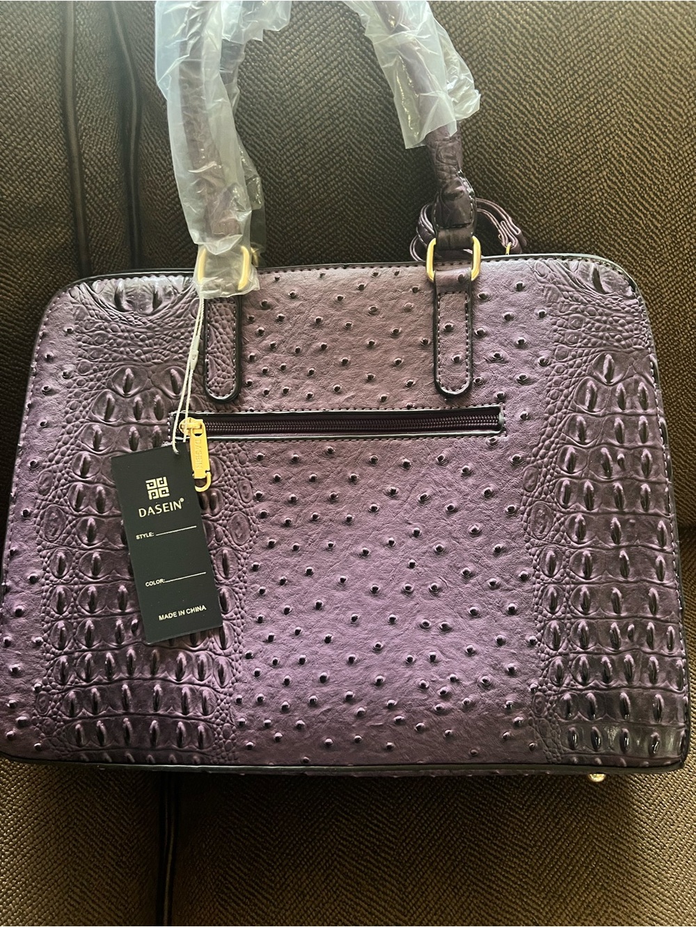 Structured Purple Ostrich-Embossed handbag with Gold Accents - Picture 2 of 6